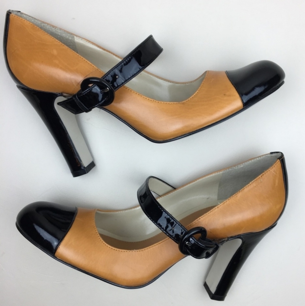 Enzo Angiolini Mary Jane Shoes Block Heels Tan Leather Black Patent Leather Sz 7